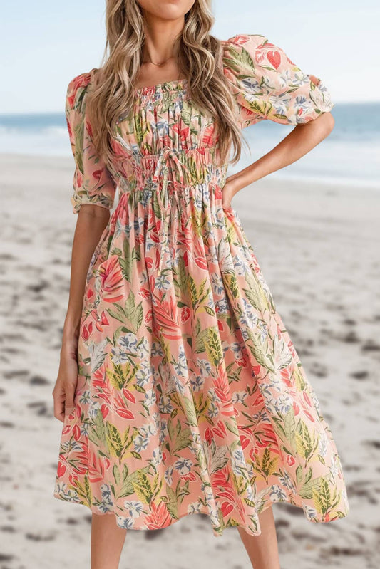 Aapparella - Floral Smocked Bust Bubble Short Sleeve Maxi Dress | S-XL