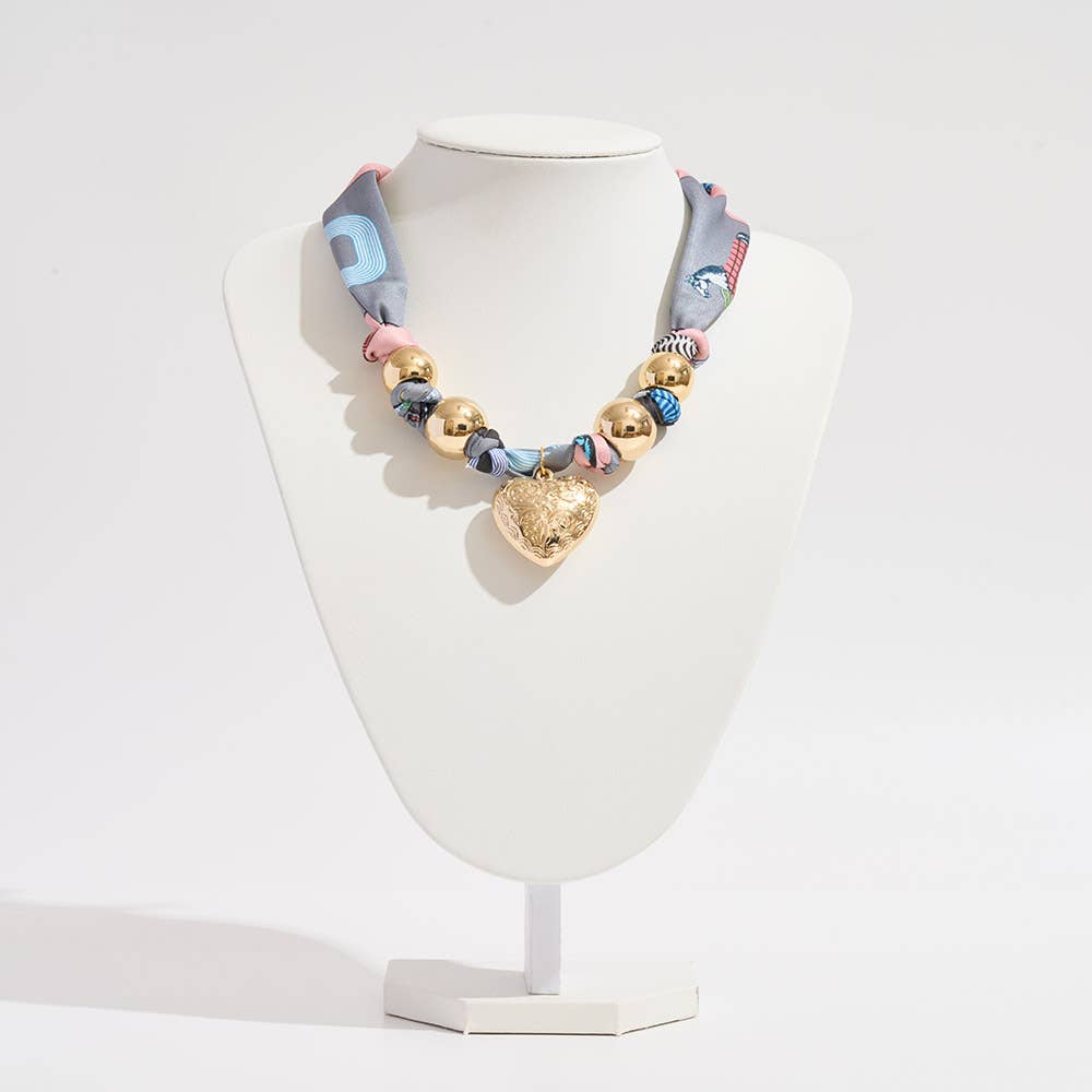 Sensibling Corp. - Gold Dipped Puffy Textured Heart Charm Accent Fabric Scarf Necklace / Adjustable Bracelet / Bag Charm
