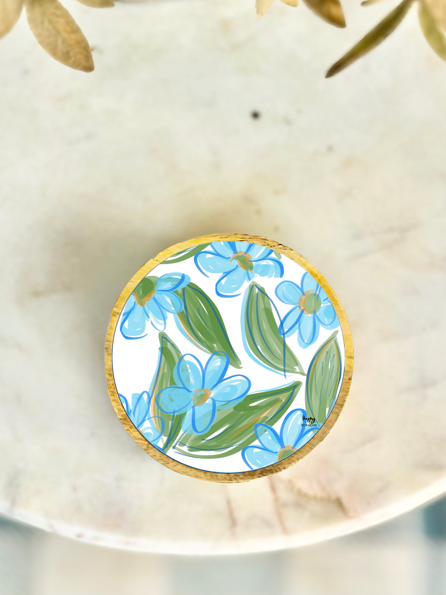 Happy By Rachel, LLC - Blue Floral Wood and Enamel Small Tray