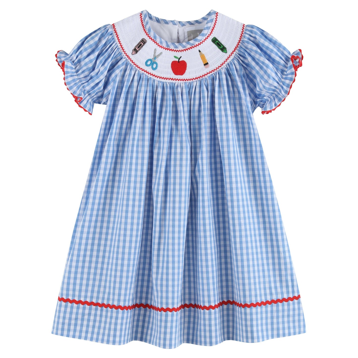 Lil Cactus - Blue Gingham School Supplies Smocked Bishop Dress
