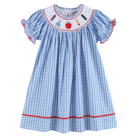 Lil Cactus - Blue Gingham School Supplies Smocked Bishop Dress