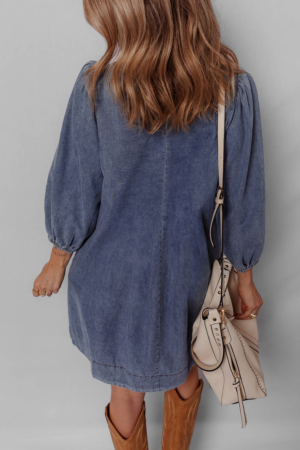 Little Daisy Closet -  LDC 3/4 Sleeve Tied V Neck Pleated Denim Mini Dress