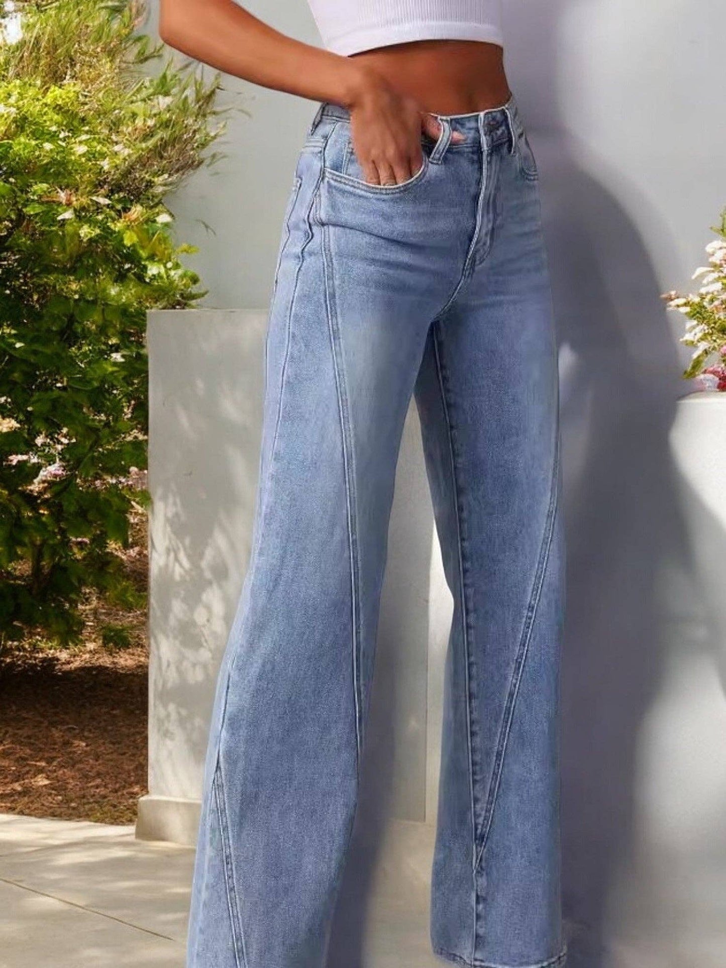 Anna Kaci Wholesale - Women's High Waist Wide Leg Jeans with Seaming Detail