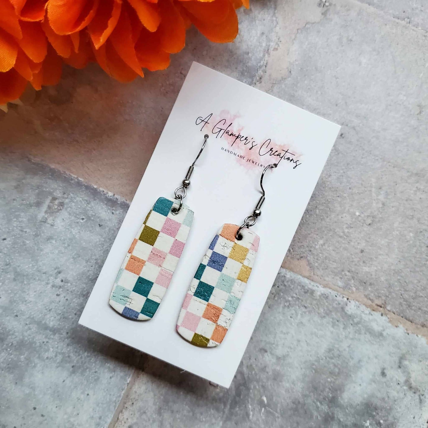 A Glamper's Creations LLC - Colorful Checkerboard Mini Bar Leather Earrings