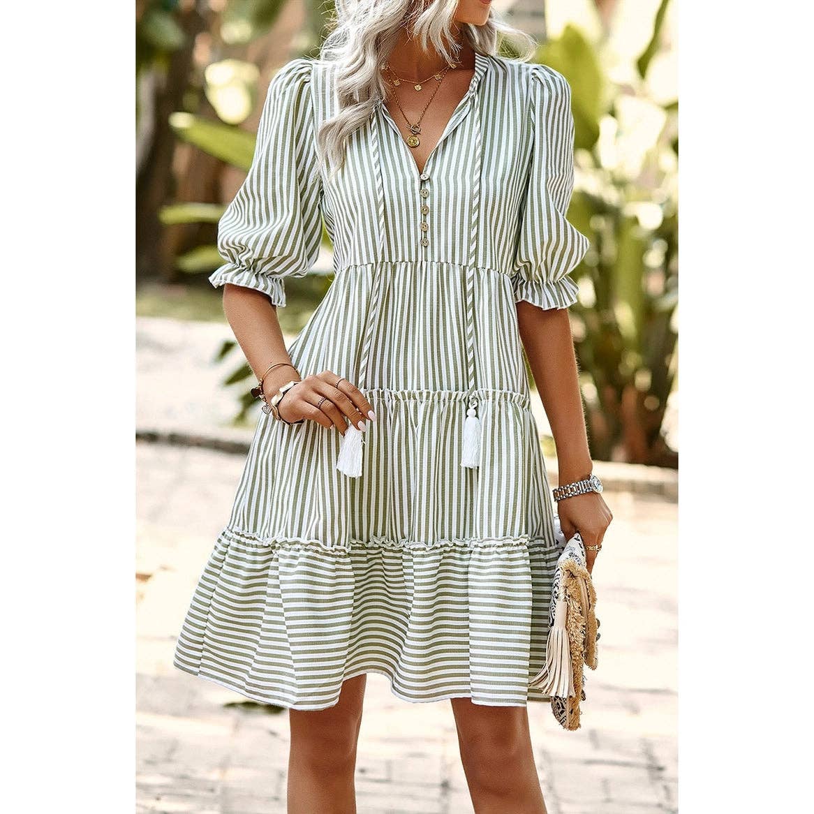 Lovesoft - Striped V Neck Button Front Puff Sleeve Tiered Dress