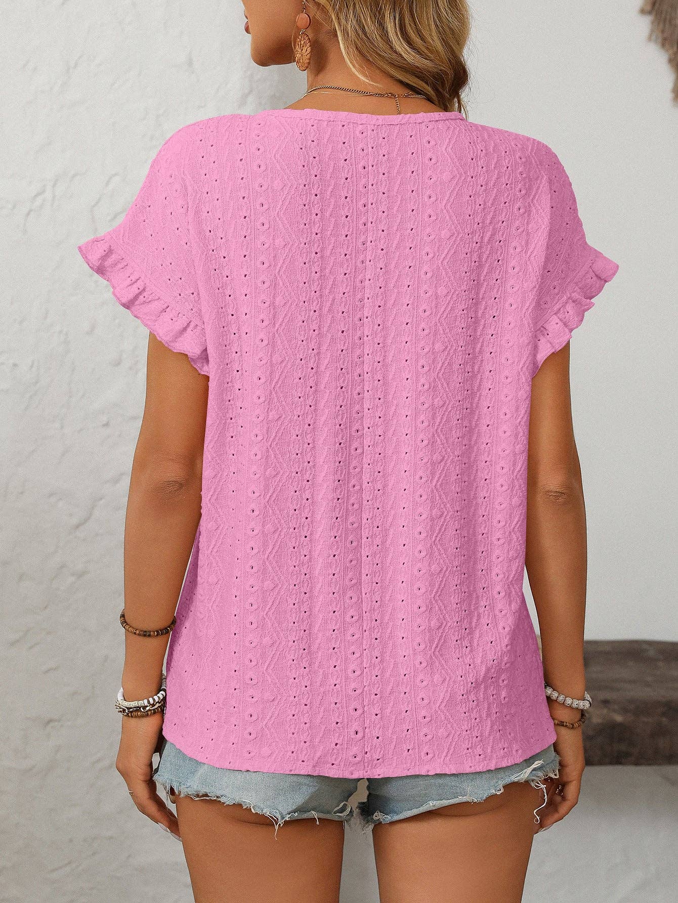 Lovesoft - Solid Color Crewneck Sweet Short-Sleeve Hollow-Out Top