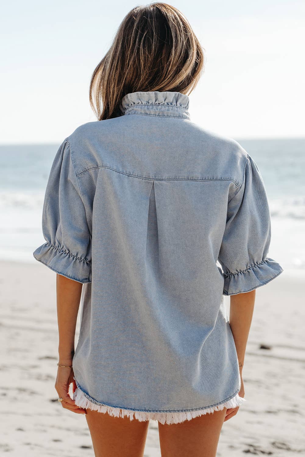 Aapparella - Ruffle Short Puff Sleeve  Chambray Denim Shirt | S-XL