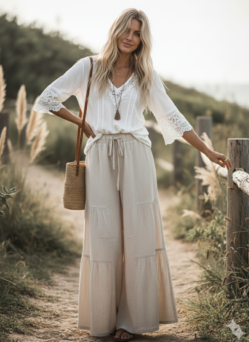 Sewn and Seen - Linen Blend Tiered Wide Leg Palazzo Pants