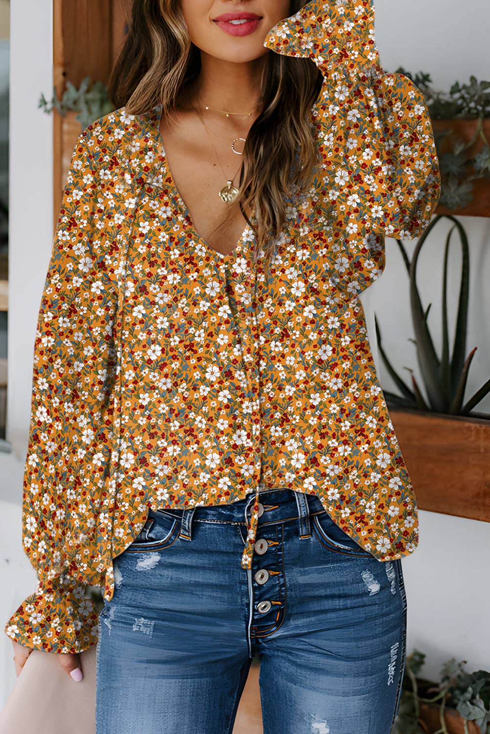 Lovesoft - Orange Boho Floral Ruffled Bubble Sleeve V Neck Fall Blouse
