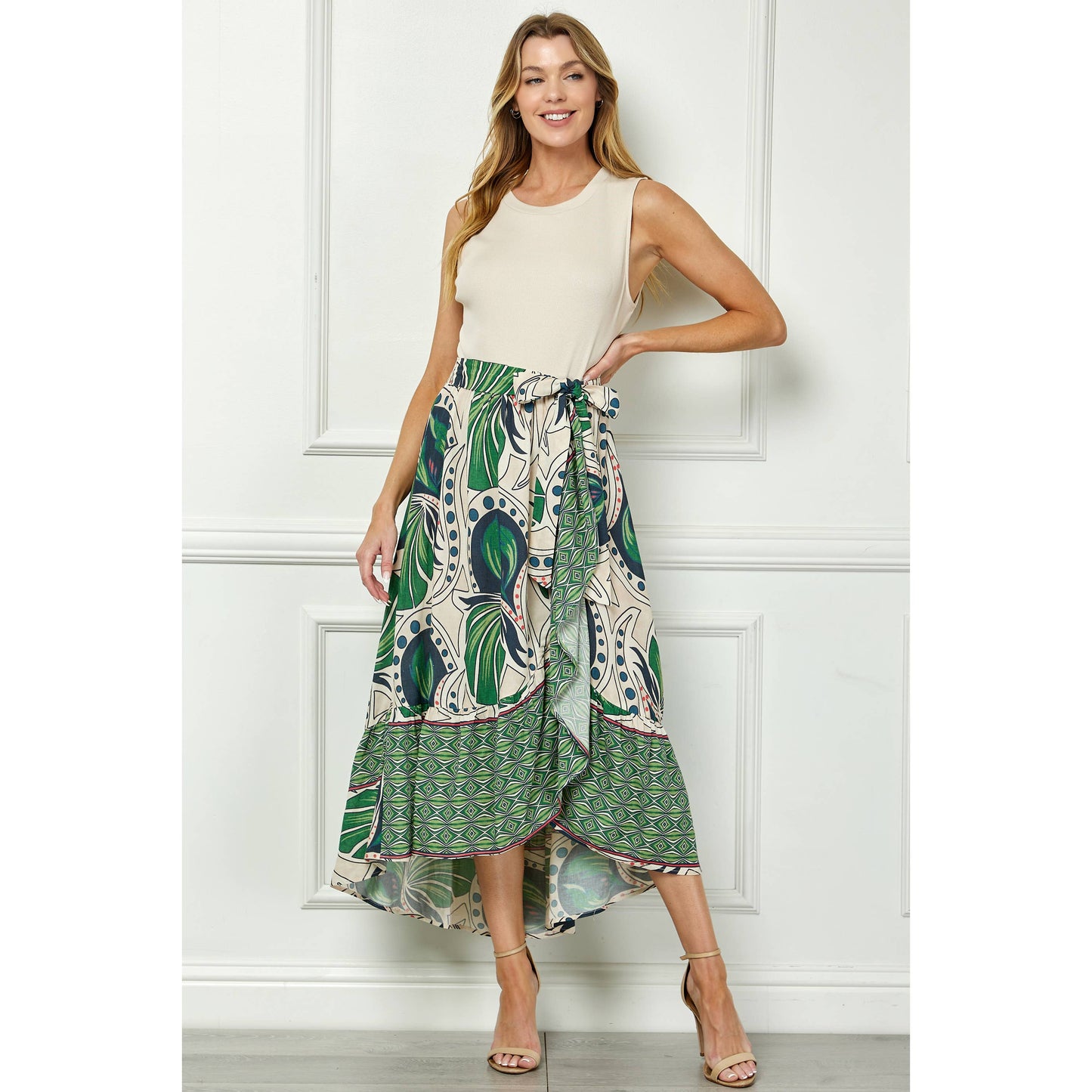 Winslow Collection - TROPIC TALES BELTED FAUX WRAP PRINTED DRESS WITH RUFFLE HEM