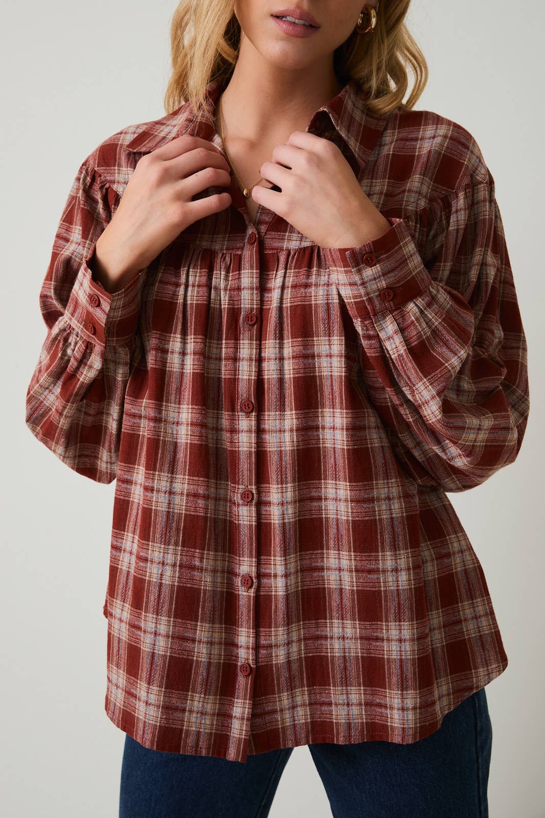 Sunday Edition by LE LIS - BALLOON SLEEVE BUTTON UP PLAID FLANNEL SHIRT