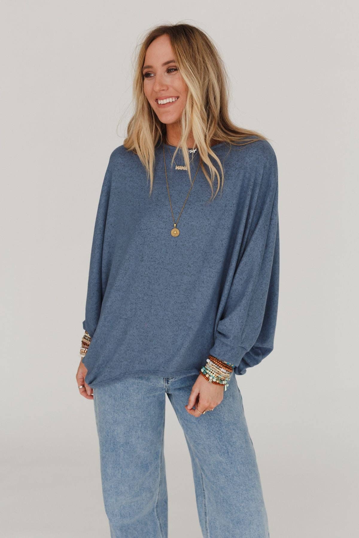 Three Bird Nest - Fly With Me Batwing Sleeve Knit Sweater - Dusty Blue