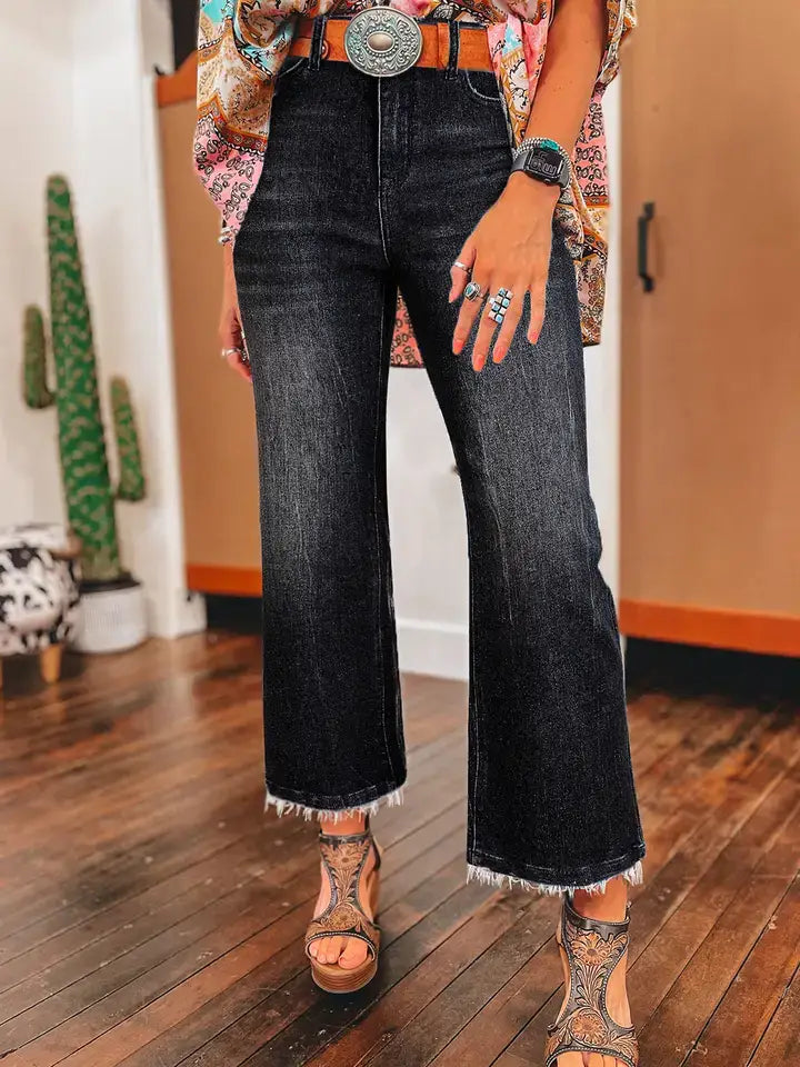 Lovesoft - Beau Blue Mineral Wash High-Waist Raw Hem Flared Jeans