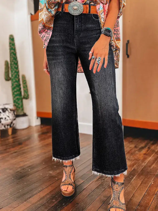 Lovesoft - Beau Blue Mineral Wash High-Waist Raw Hem Flared Jeans