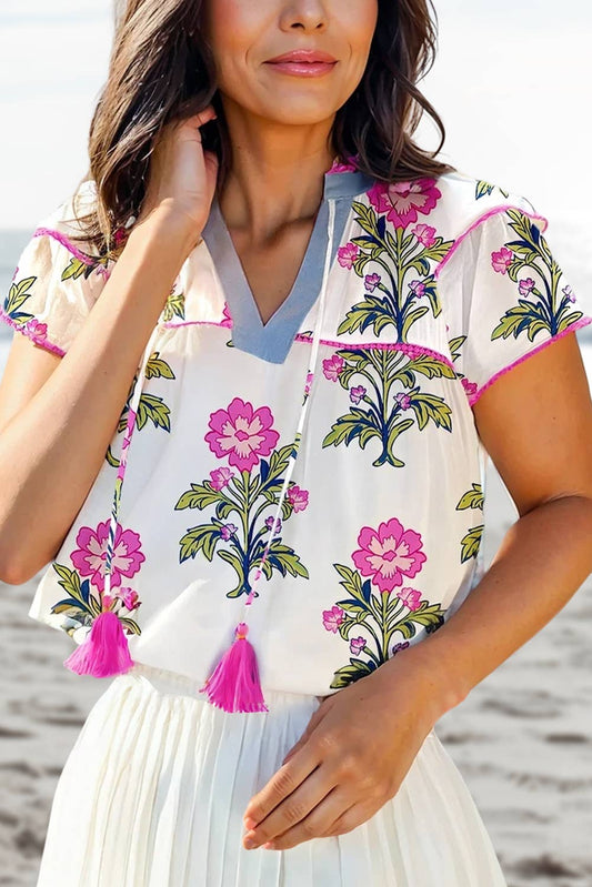 Aapparella - Floral Print Short Sleeve V Neck Blouse | Plus Size 1X-4X