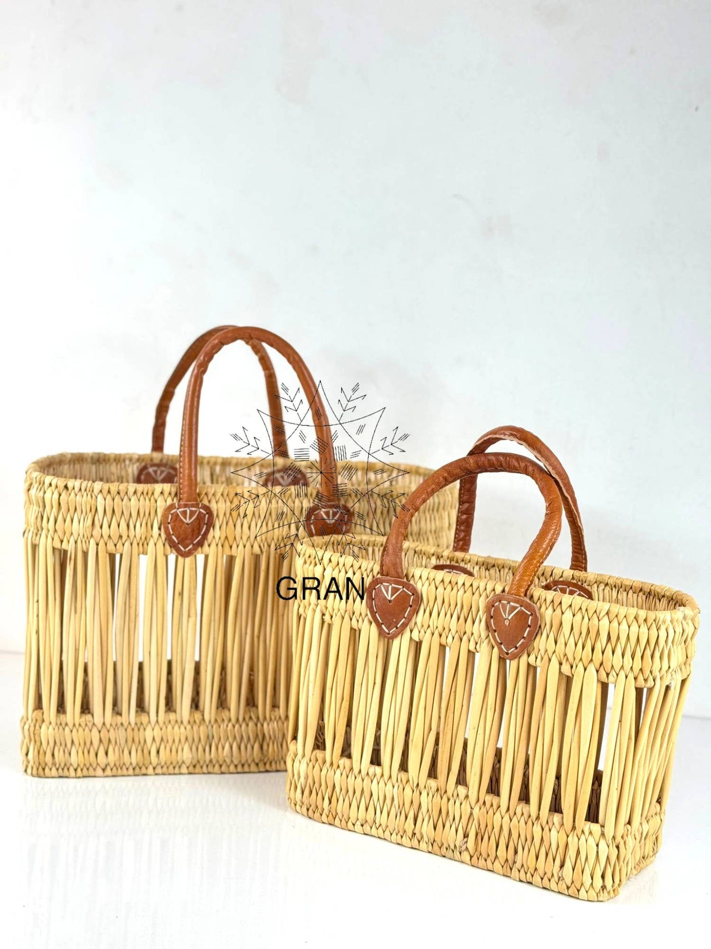 Gran Wholesale - Handwoven Open Reed Basket with Leather Handles