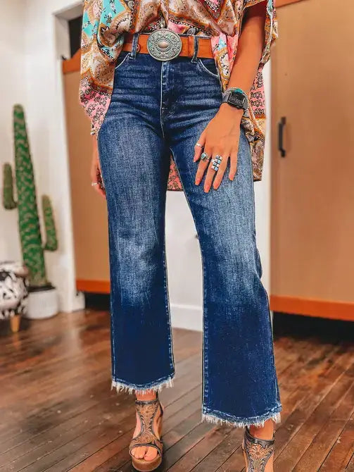 Lovesoft - Beau Blue Mineral Wash High-Waist Raw Hem Flared Jeans
