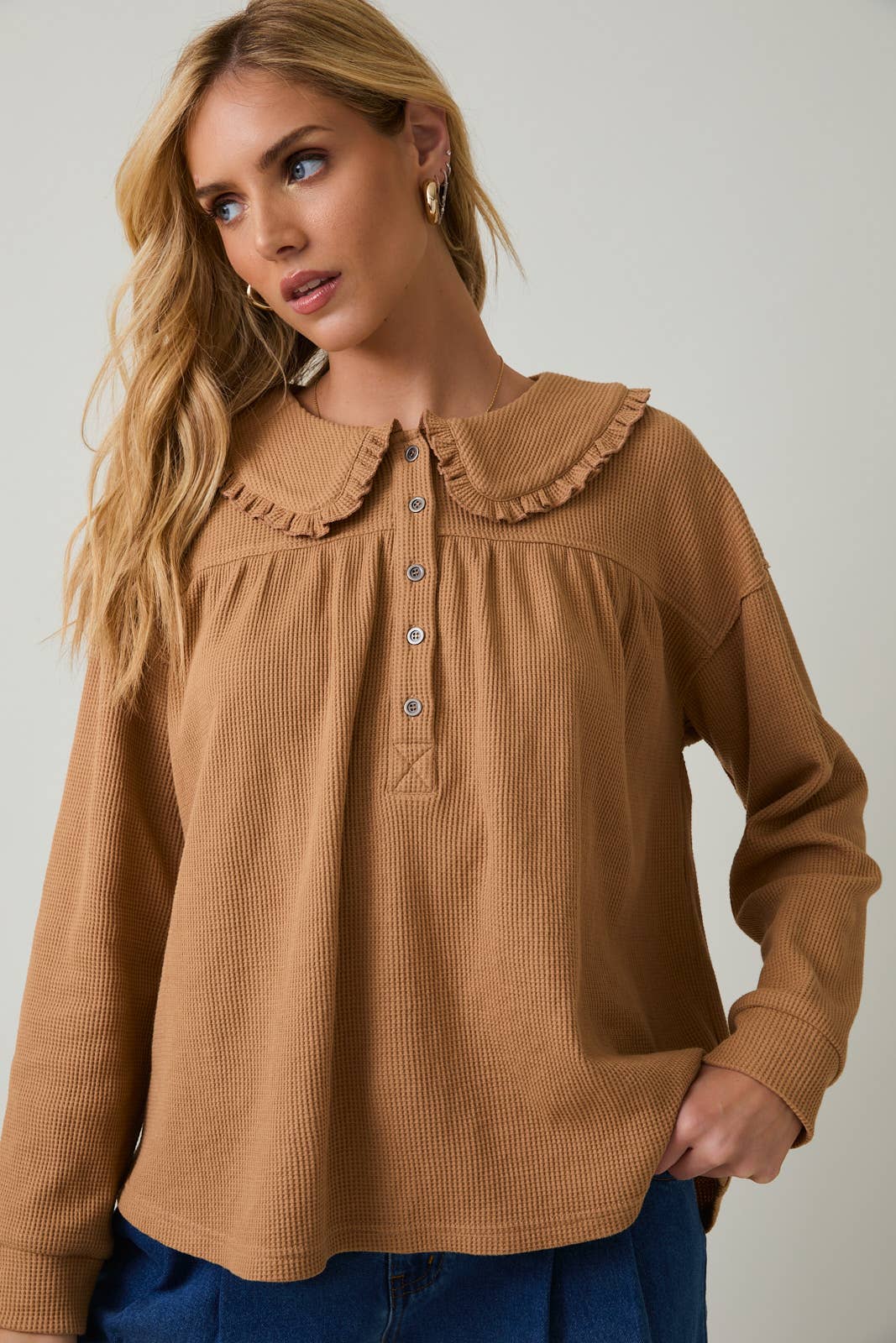Sunday Edition by LE LIS - PETER PAN COLLARED THERMAL LONG SLEEVE BUTTON UP TOP