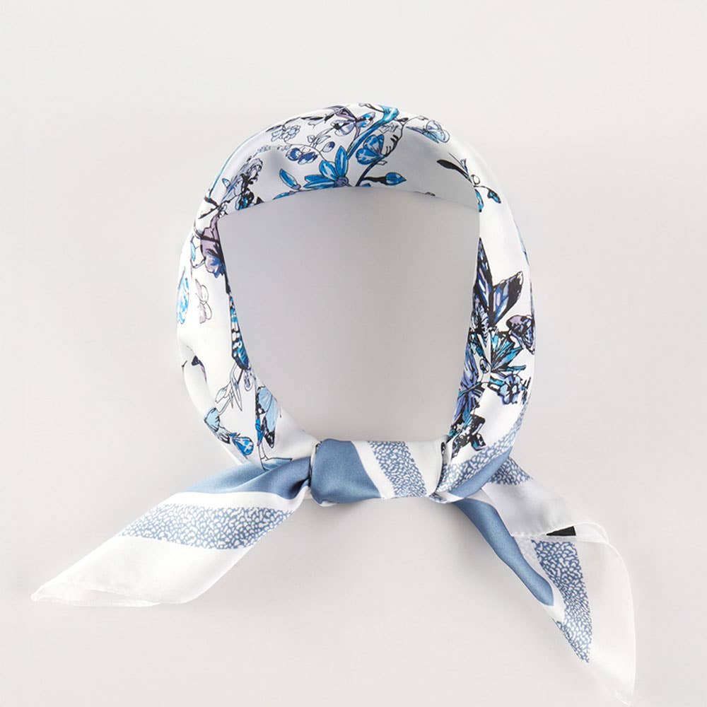 Sensibling Corp. - Chinoiserie Butterfly Floral Pattern Printed Square Silky Satin Bandana Scarf