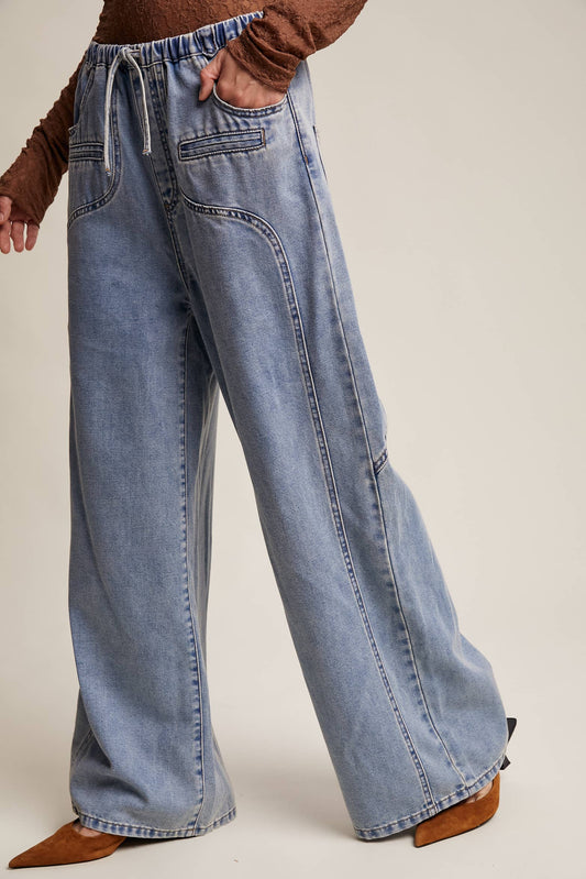 Listicle - Wide Leg Denim Drawstring Pants
