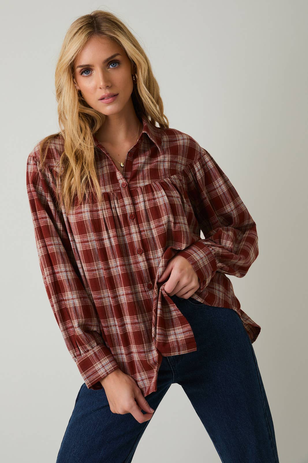 Sunday Edition by LE LIS - BALLOON SLEEVE BUTTON UP PLAID FLANNEL SHIRT