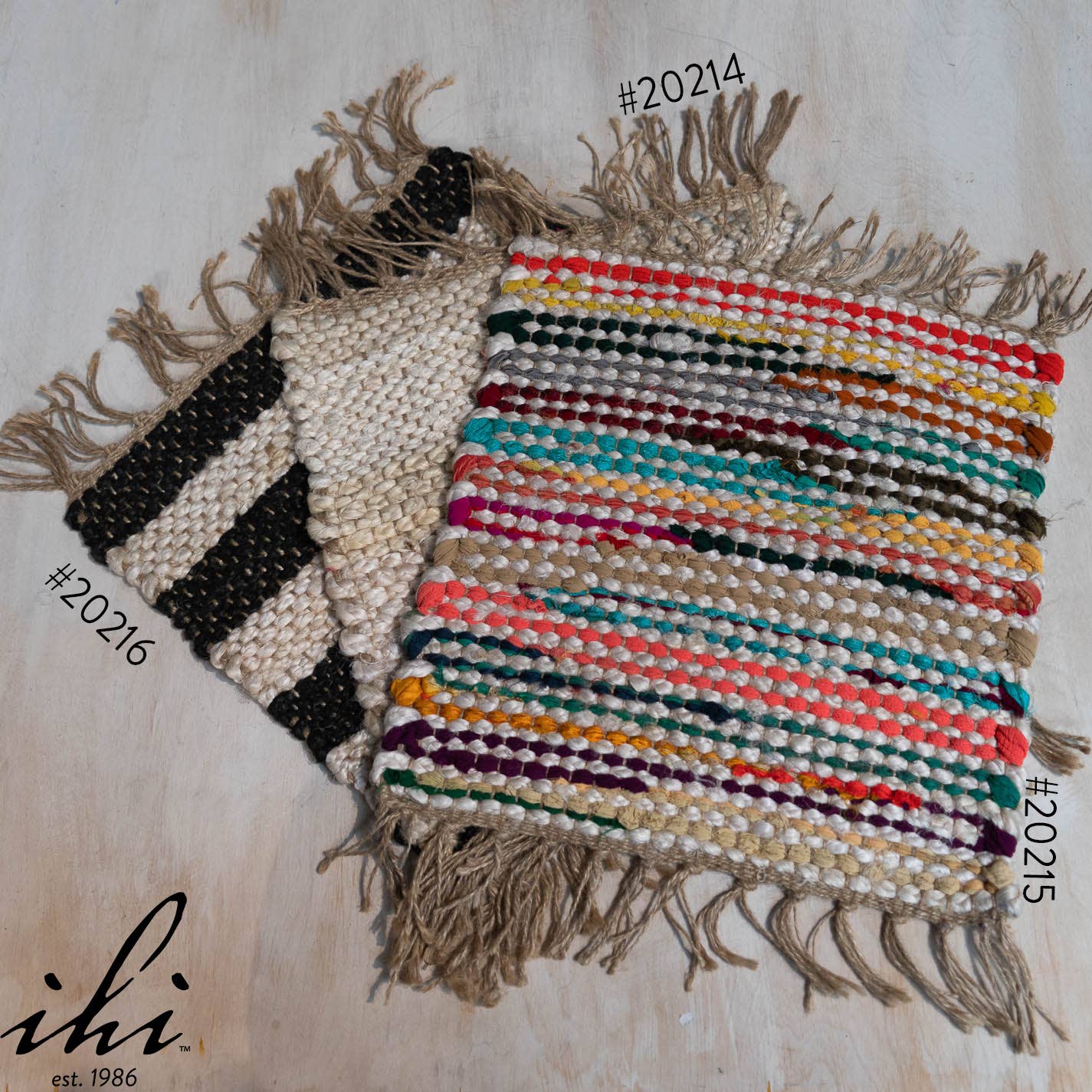 India Handicrafts Inc - Woven Natural & Multi-Colored Jute Square Placemat w/ Fringe