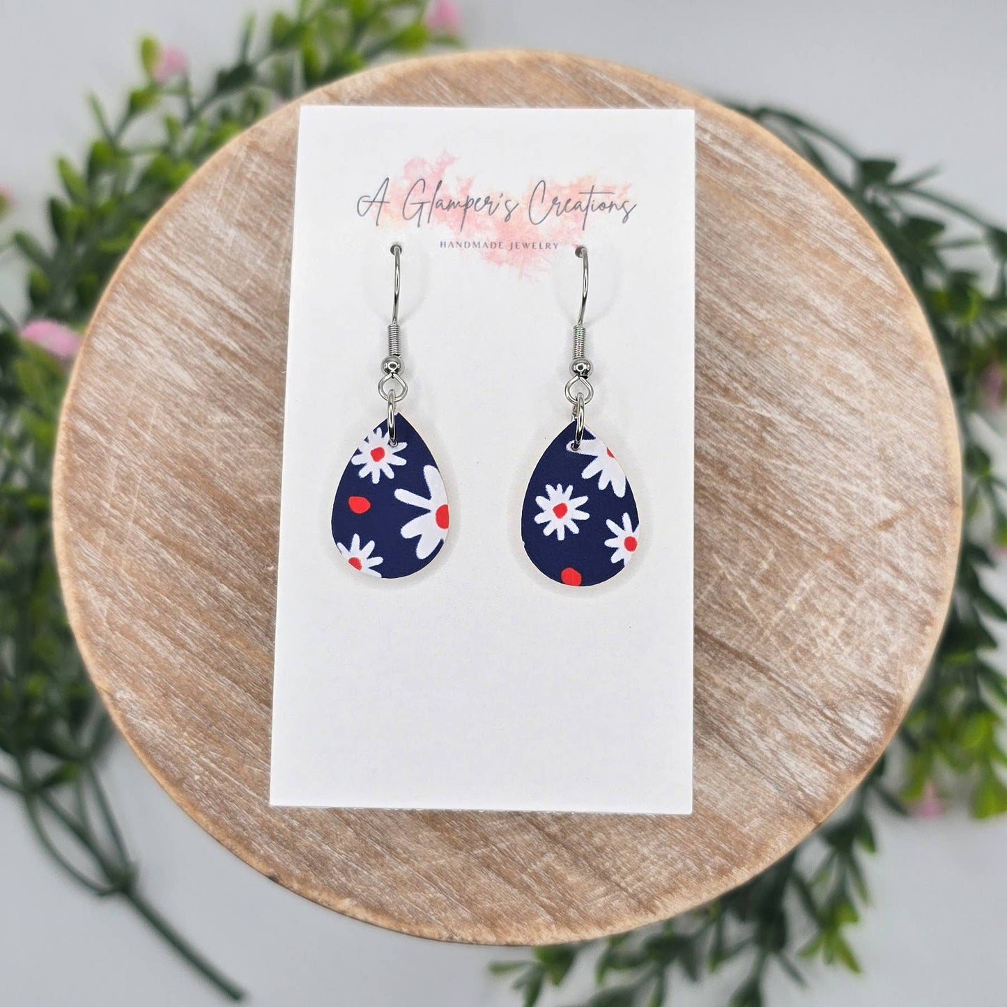 A Glamper's Creations LLC - White Daisies on Navy MINI Teardrop Leather Earrings