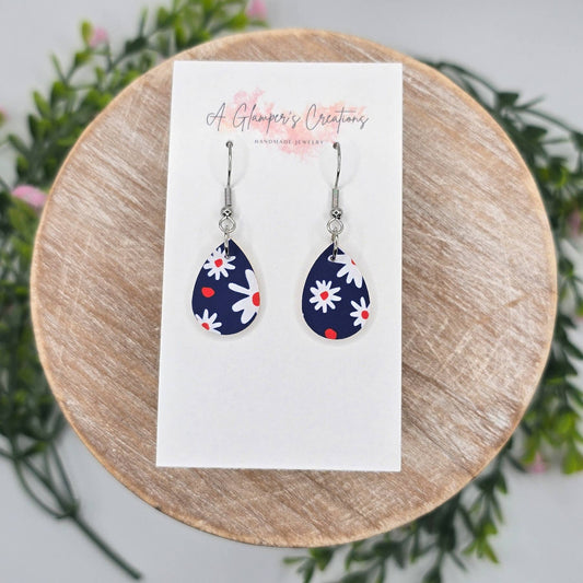 A Glamper's Creations LLC - White Daisies on Navy MINI Teardrop Leather Earrings