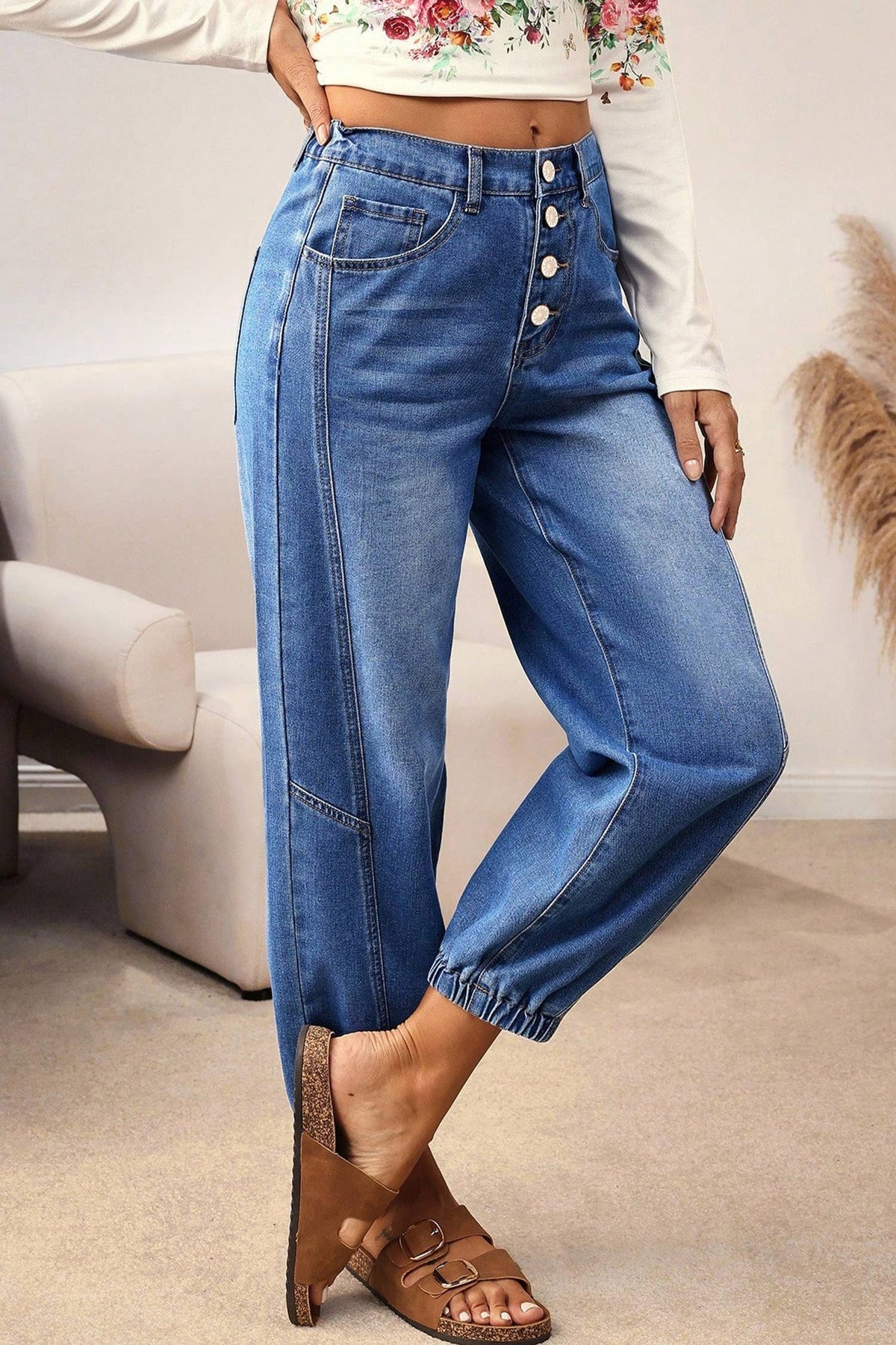 1 the Woman - Buttons Front Tapered Casual Loose Fit Jeans