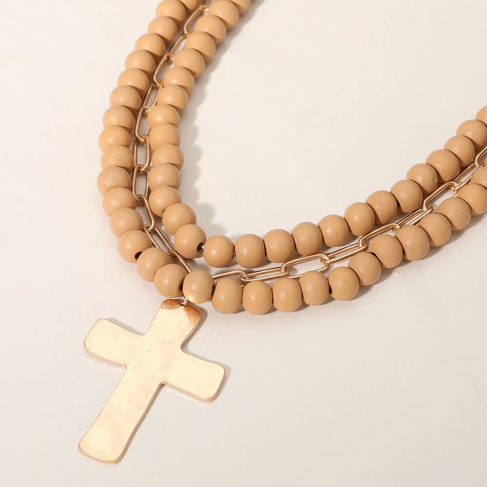 Sensibling Corp. - Hammered Metal Cross Pendant Wood Chain Layered Necklace