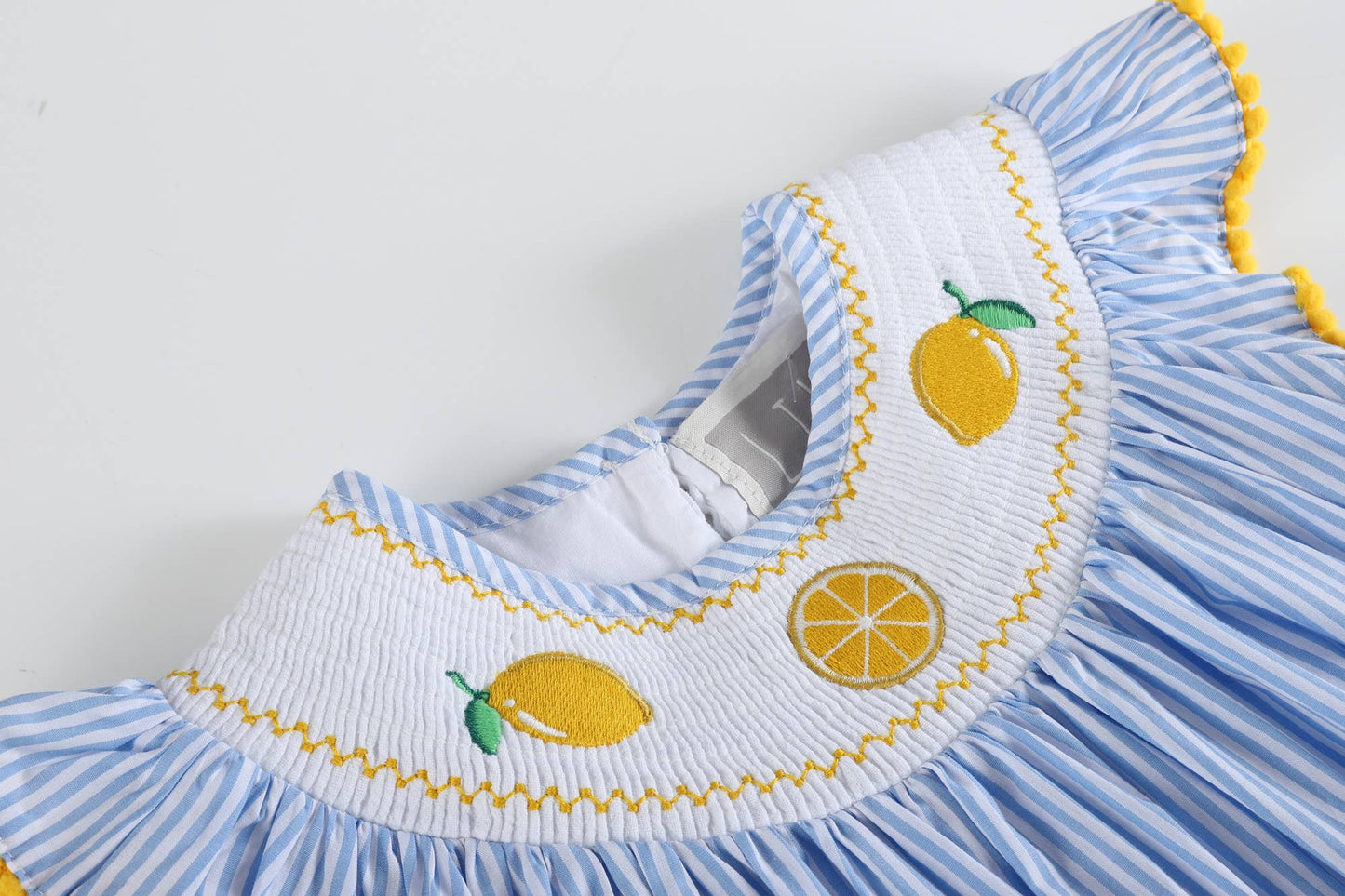 Lil Cactus - Light Blue Striped Lemons Smocked Bishop Dress