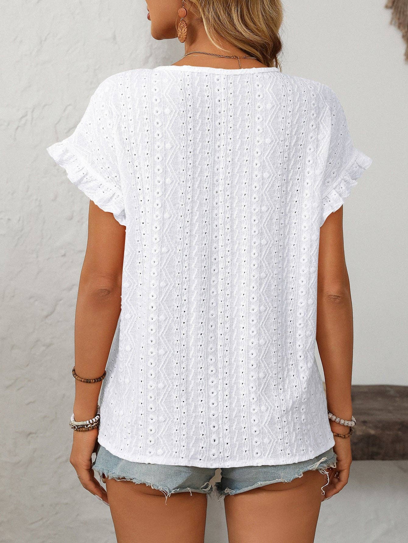 Lovesoft - Solid Color Crewneck Sweet Short-Sleeve Hollow-Out Top