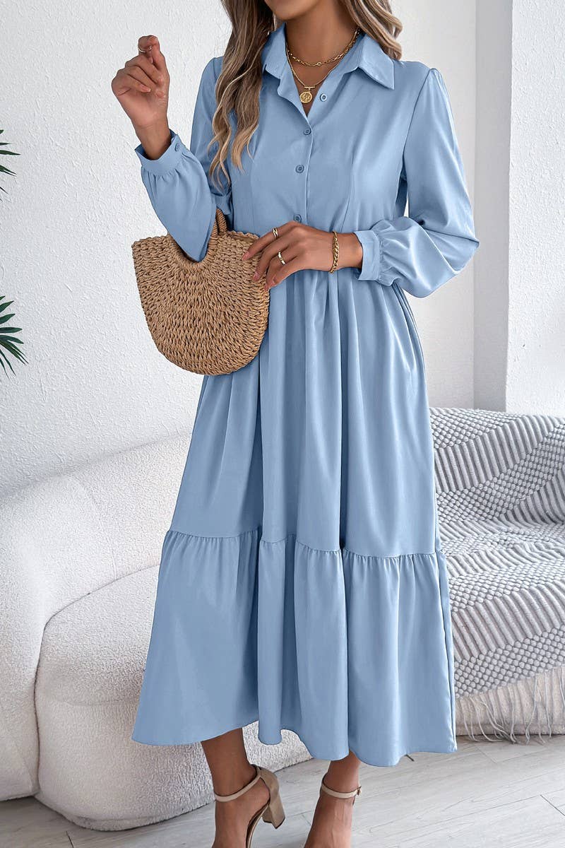 NINEXIS - CWDMD6027_LOOSE FIT RUFFLE TRIM LONG SLEEVE SHIRT DRESS