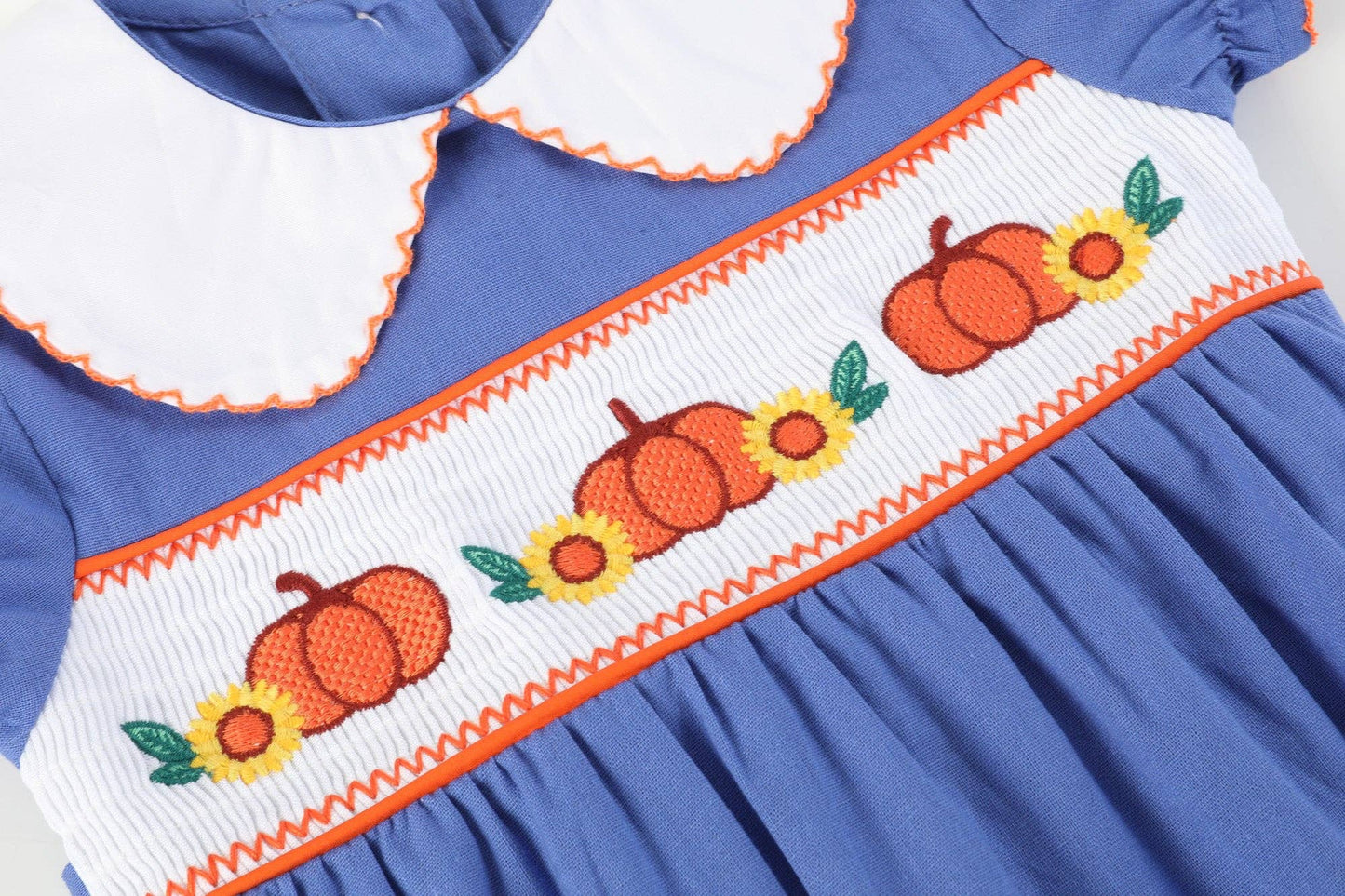Lil Cactus - Blue Pumpkin Sunflower Smocked Collared Romper