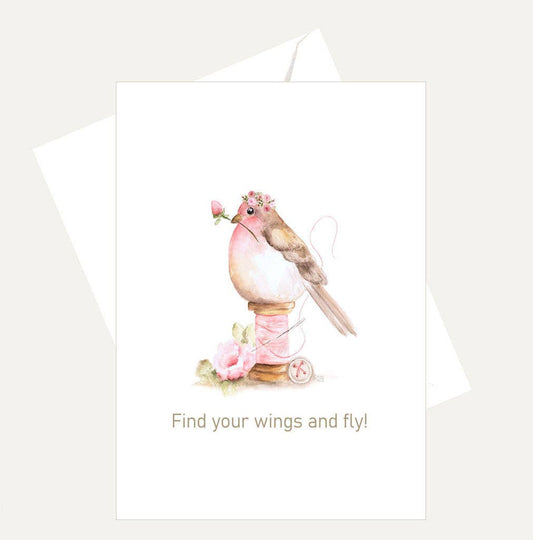 Bellflower Girl - Find Your Wings & Fly | Watercolor Pink Bird Friendship Card