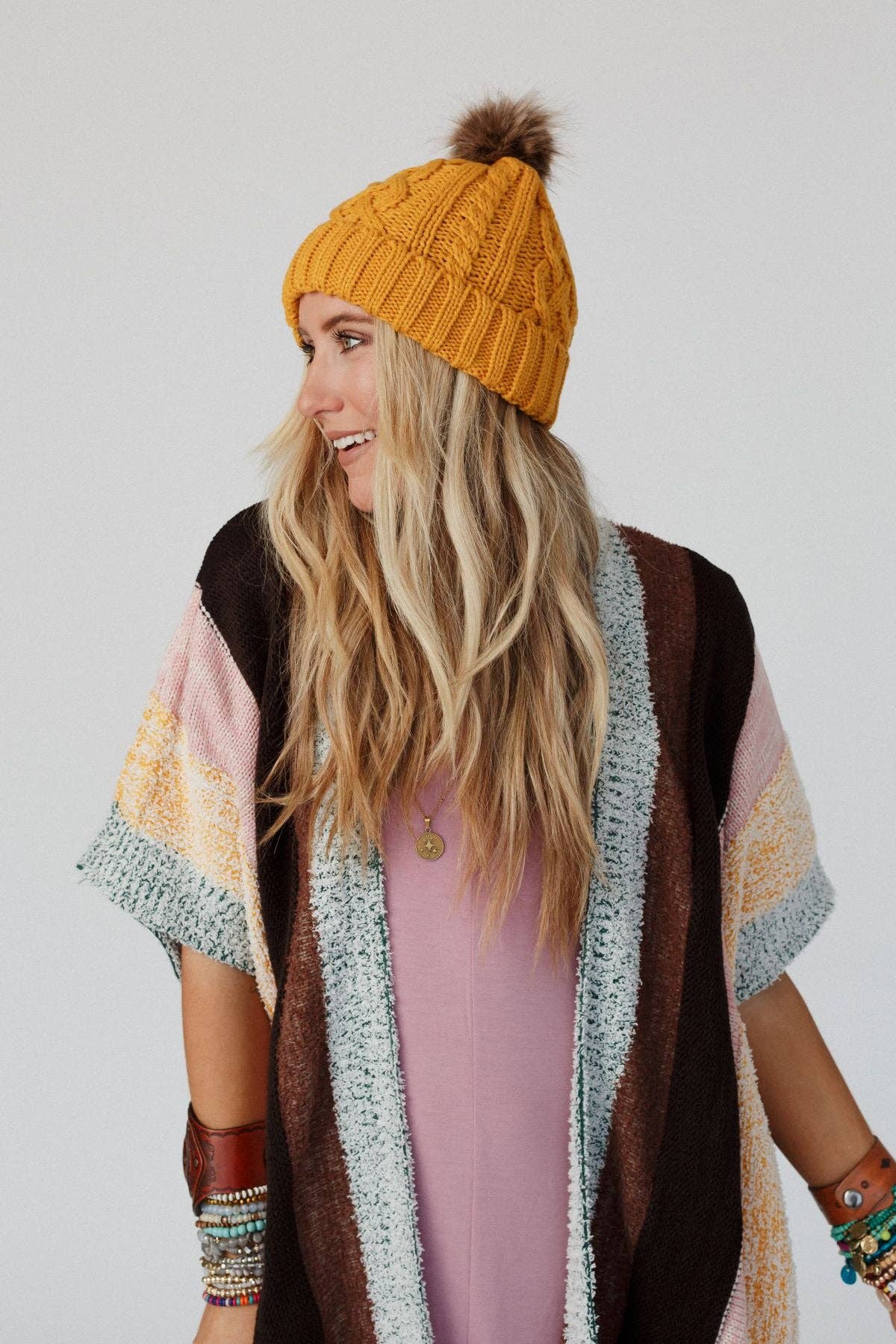 Three Bird Nest - Cable Knit Faux Fur Pom Beanie - Mustard