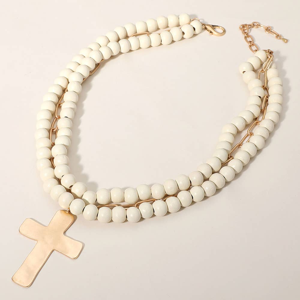 Sensibling Corp. - Hammered Metal Cross Pendant Wood Chain Layered Necklace