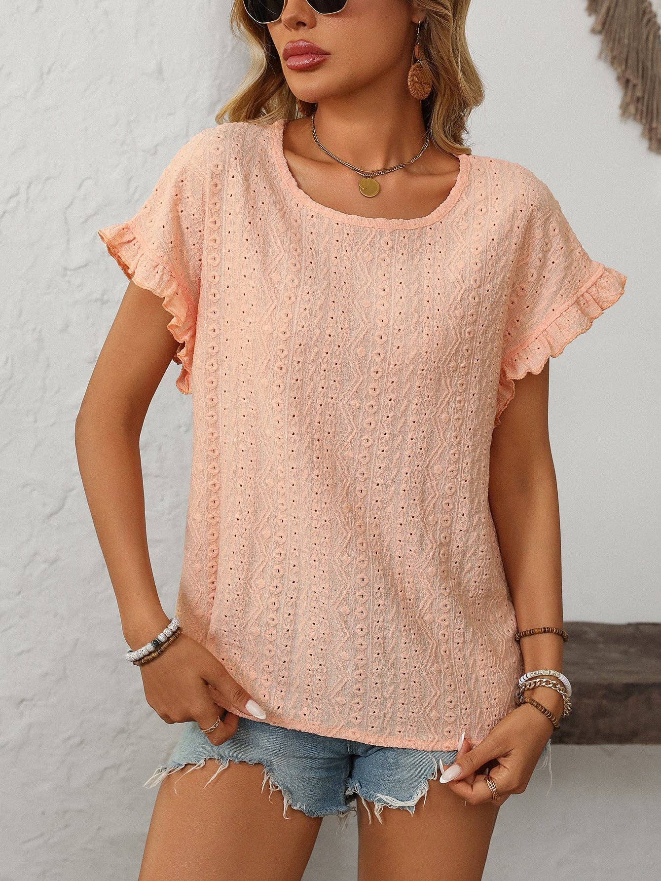 Lovesoft - Solid Color Crewneck Sweet Short-Sleeve Hollow-Out Top