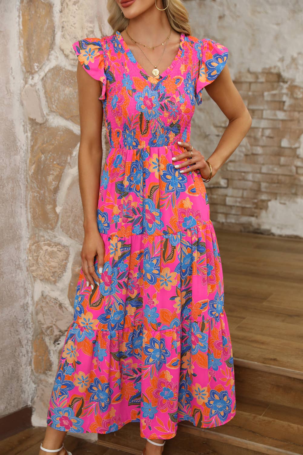 Aapparella - Women Boho Floral V Neck Ruffle Tiered Maxi Dress | S-XL