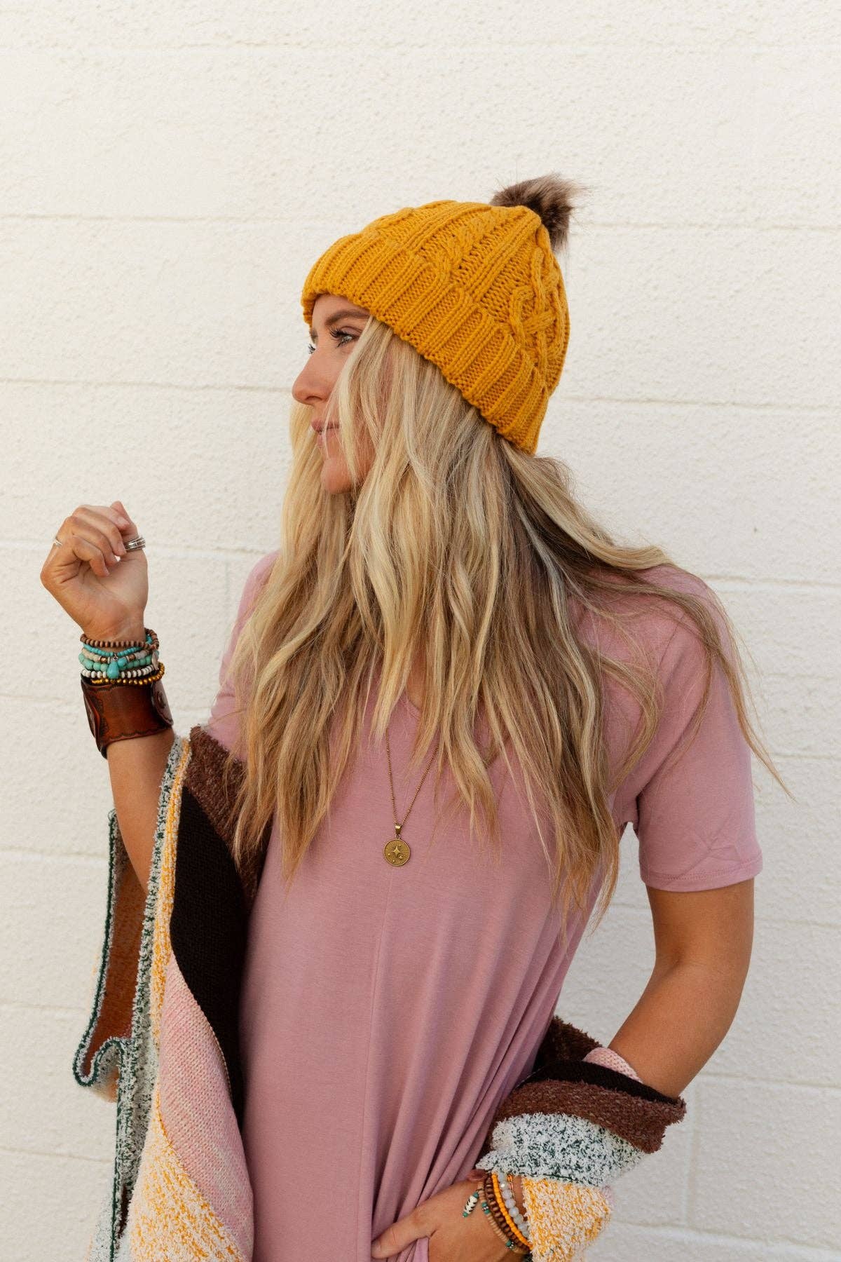 Three Bird Nest - Cable Knit Faux Fur Pom Beanie - Mustard