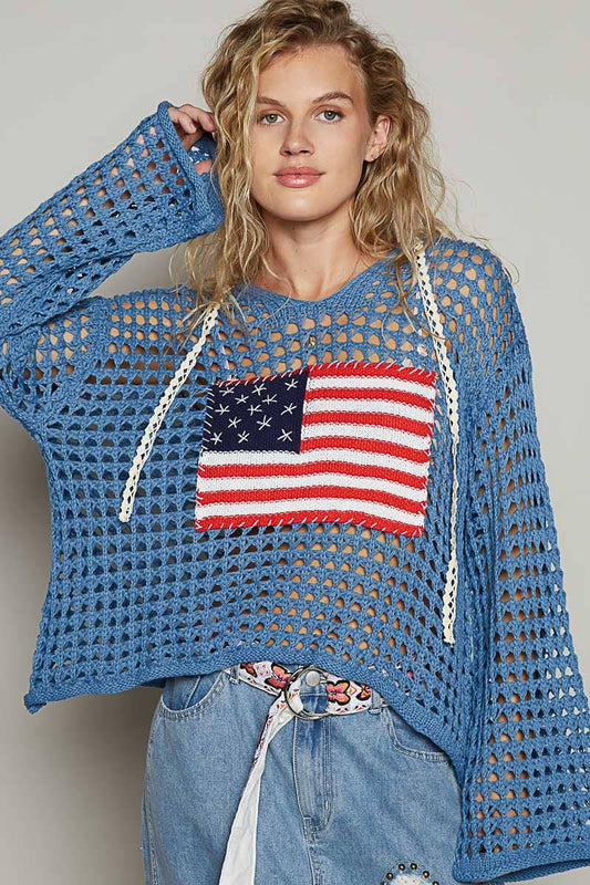 Pol Clothing - Long sleeve American Flag Hoodie Thin Sweater Top SALE