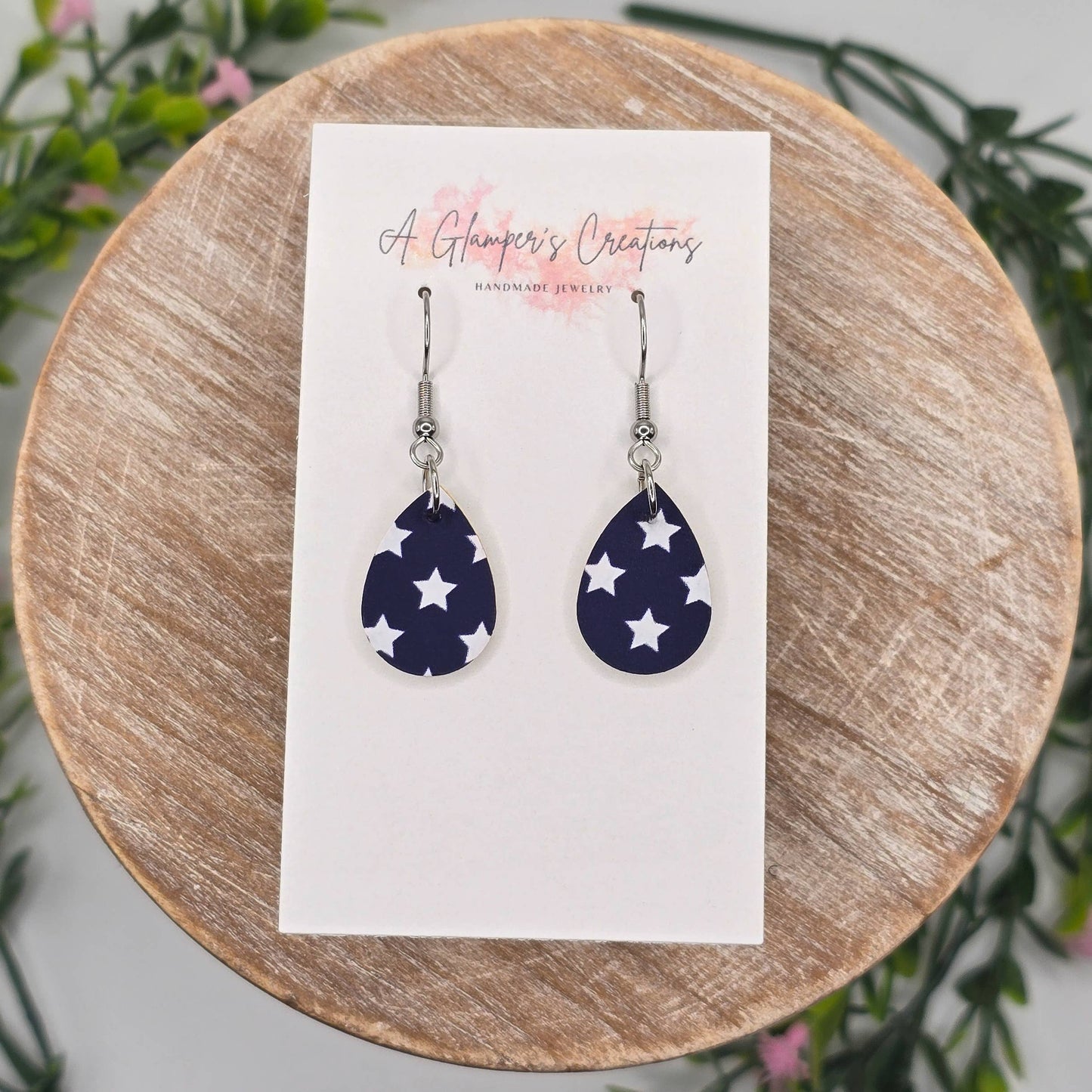 A Glamper's Creations LLC -  White Stars on Navy MINI Teardrop Leather Earrings