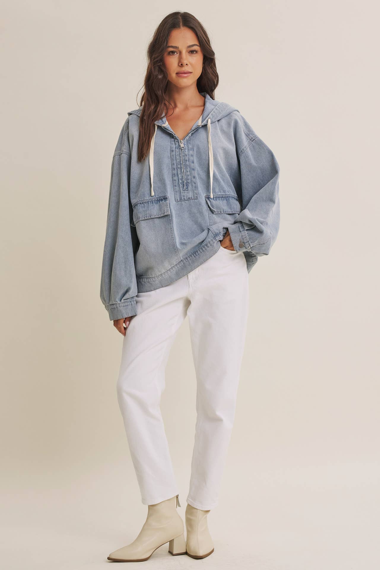 in february - CRAVING COMFORT MINERAL-WASHED DENIM HOODED PULLOVER