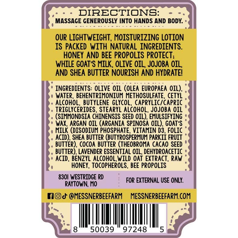 Messner Bee Farm - Lavender Oatmeal - Milk and Honey Lotion - 2oz Travel