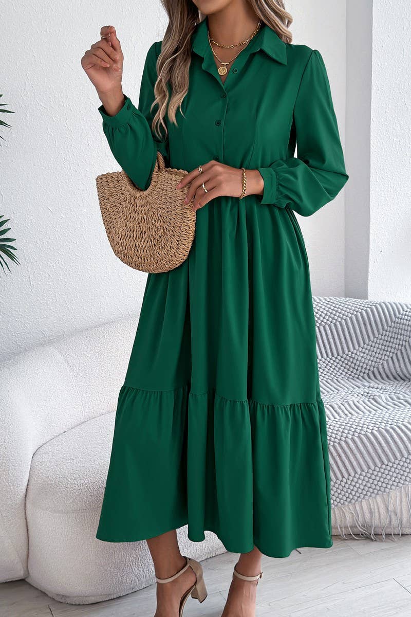 NINEXIS - CWDMD6027_LOOSE FIT RUFFLE TRIM LONG SLEEVE SHIRT DRESS