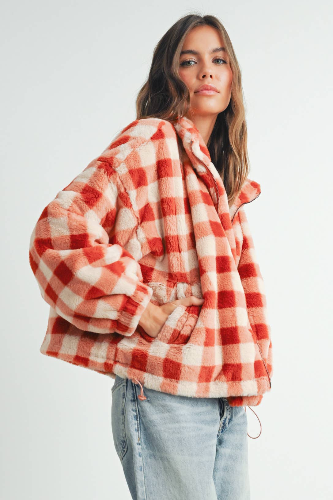 BUTTERMELON - Fall Drop Shoulder Plaid Fall Jacket - BMJ7504
