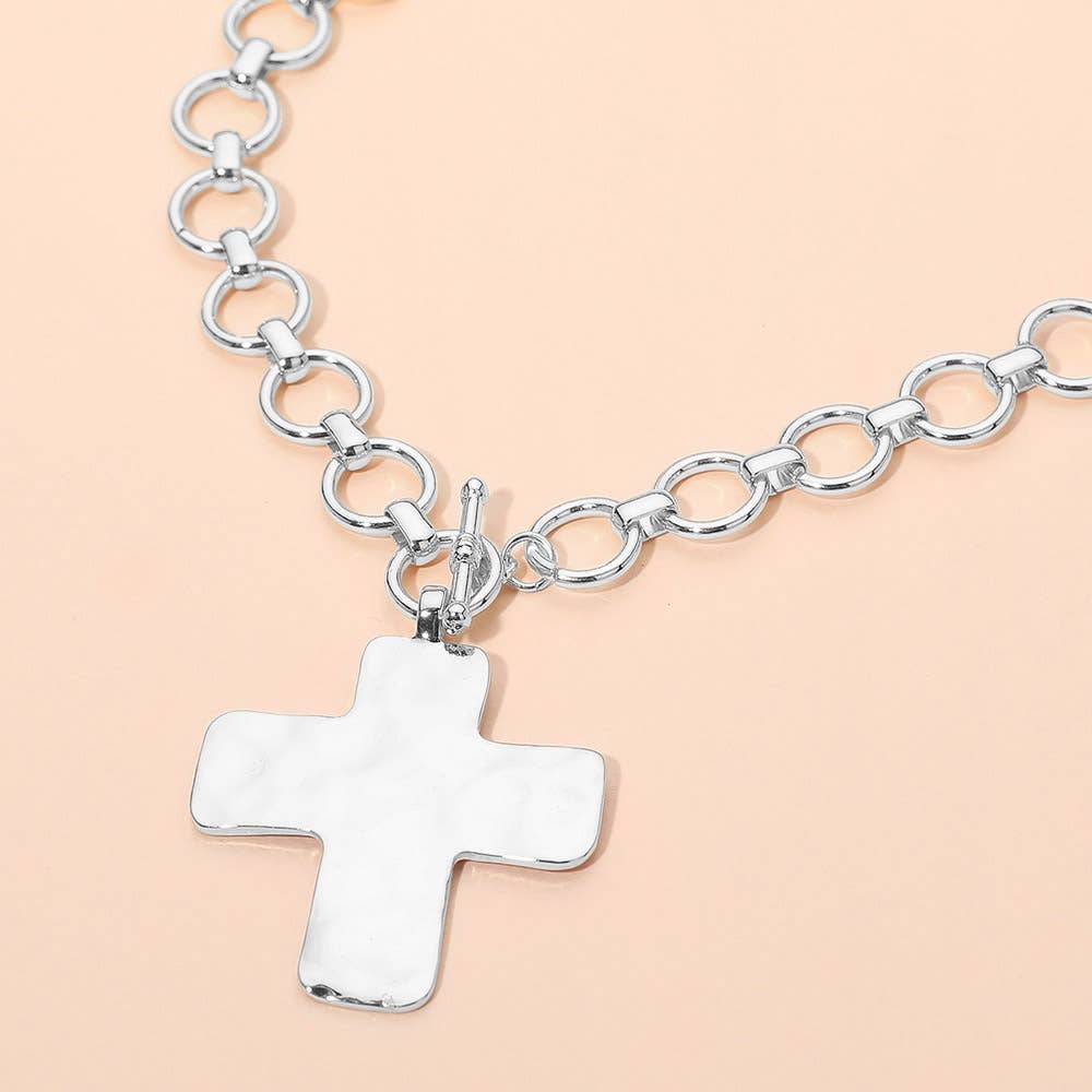 Sensibling Corp. - Hammered Matte Metal Cross Pendant Chunky Chain Toggle Necklace