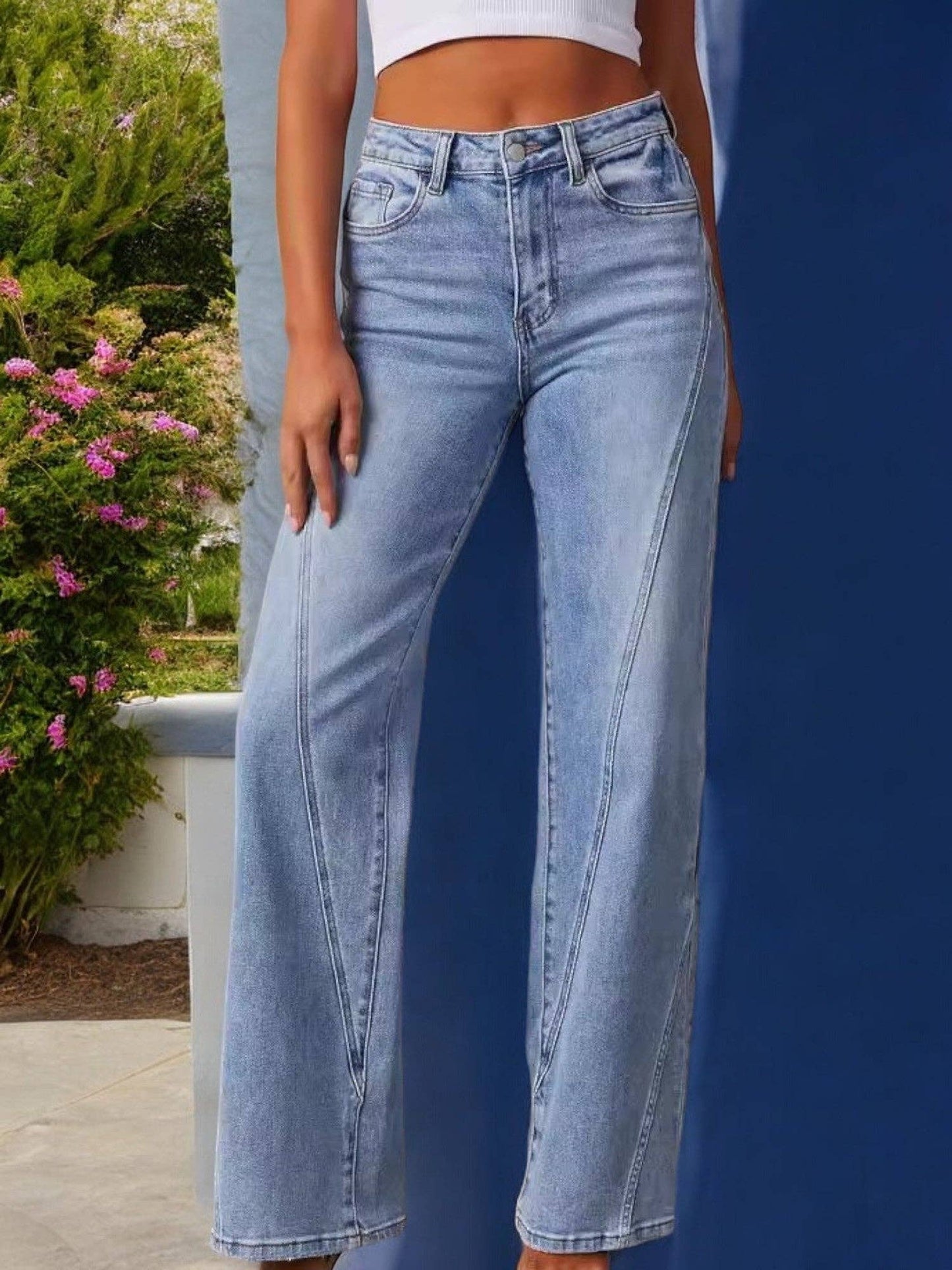 Anna Kaci Wholesale - Women's High Waist Wide Leg Jeans with Seaming Detail