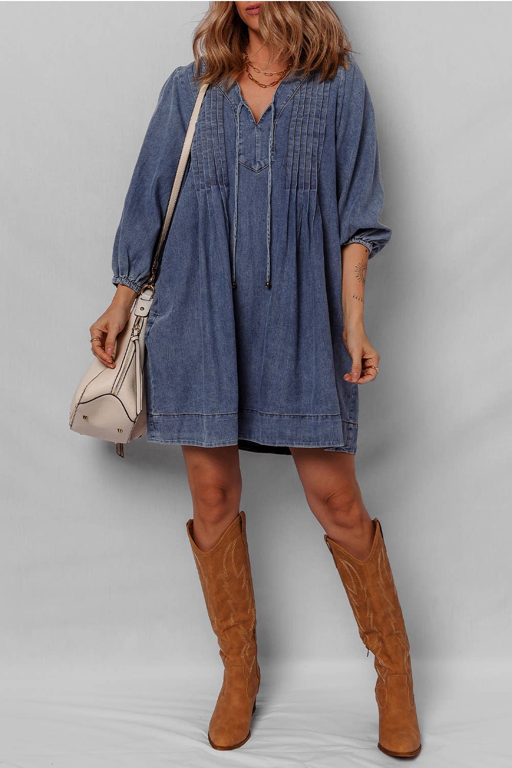 Little Daisy Closet -  LDC 3/4 Sleeve Tied V Neck Pleated Denim Mini Dress
