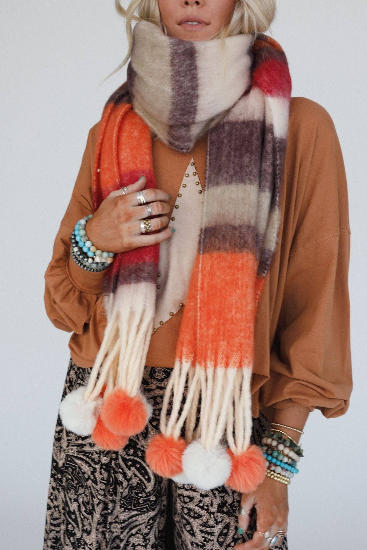 Three Bird Nest - Chill Stripe Pom Scarf - Orange
